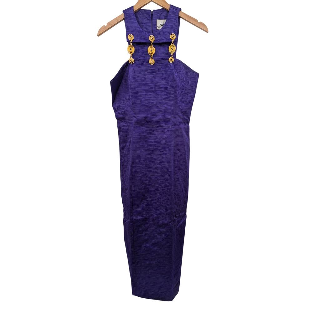 Vtg 80s Dress Size 8 Linda Segal Purple & Gold Sleeveless Jewel Tone Glam Pencil